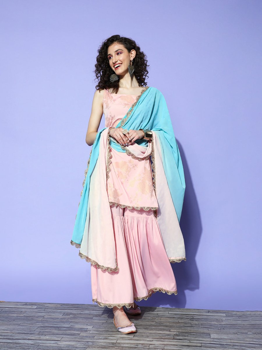 Ahalyaa Pink Floral Printed Regular Kurti With Sharara & With Dupatta - Distacart