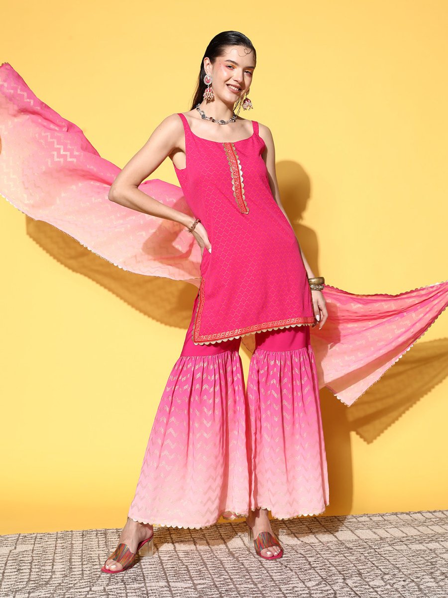 Ahalyaa Women Pink Ombre Printed Gotta Patti Kurti with Sharara & With Dupatta - Distacart