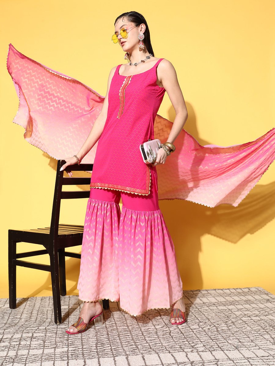 Ahalyaa Women Pink Ombre Printed Gotta Patti Kurti with Sharara & With Dupatta - Distacart