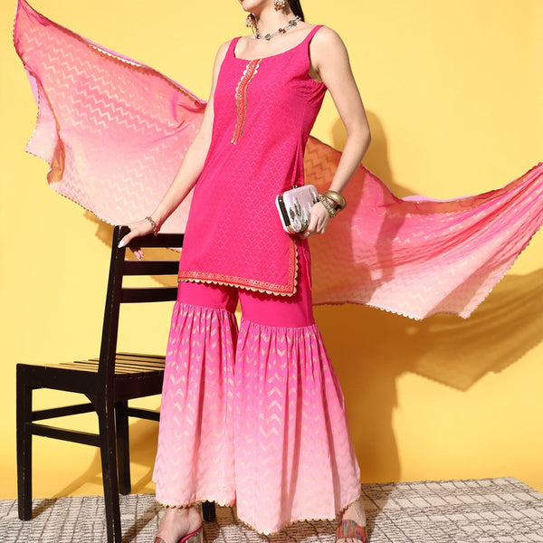Ahalyaa Women Pink Ombre Printed Gotta Patti Kurti with Sharara & With Dupatta - Distacart