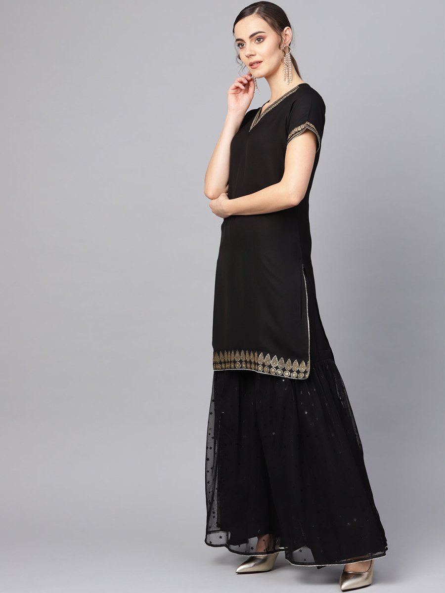 Ahalyaa Solid Black Kurta with Sharara Set