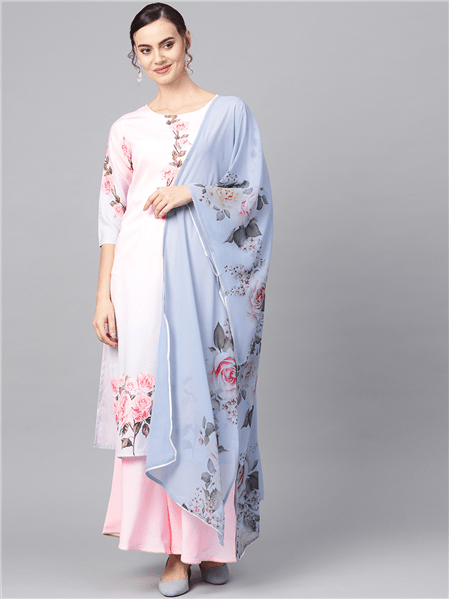 Ahalyaa Pastel Pink Floral Print Kurta With Sharara & Dupatta