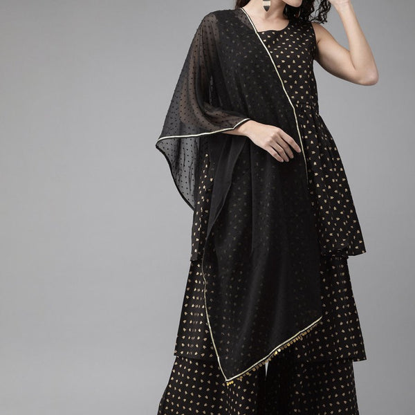 Ahalyaa Women Black & Golden Printed Tiered Kurta With Sharara & Dupatta