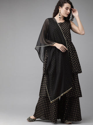 Ahalyaa Women Black & Golden Printed Tiered Kurta With Sharara & Dupatta