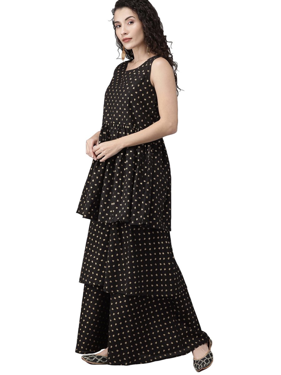 Ahalyaa Women Black & Golden Printed Tiered Kurta With Sharara & Dupatta