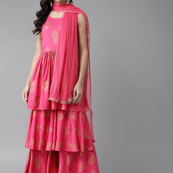 Ahalyaa Women Pink & Golden Foil Print Kurti with Sharara & Dupatta