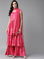 Thumbnail for Ahalyaa Women Pink & Golden Foil Print Kurti with Sharara & Dupatta