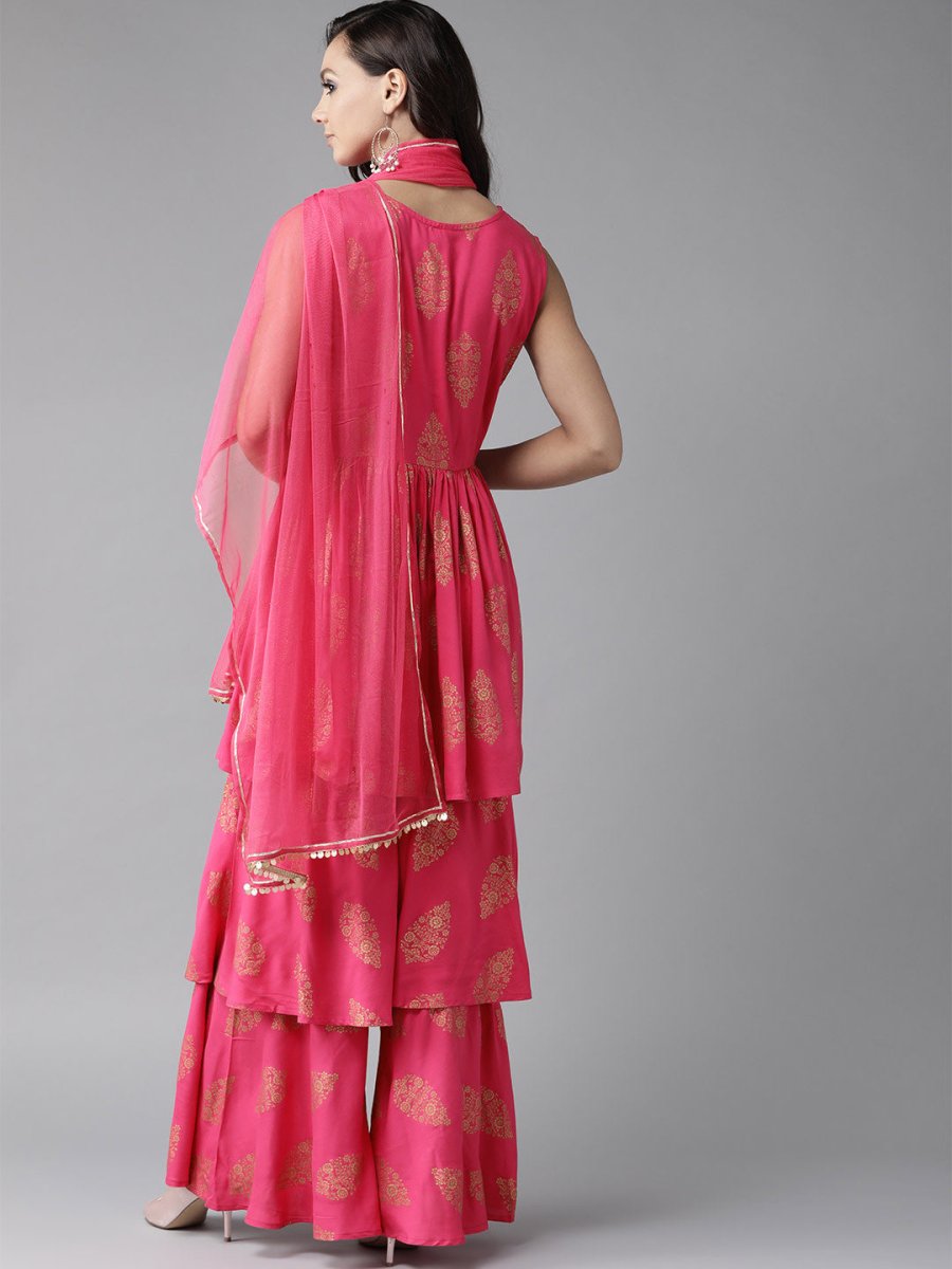 Ahalyaa Women Pink & Golden Foil Print Kurti with Sharara & Dupatta