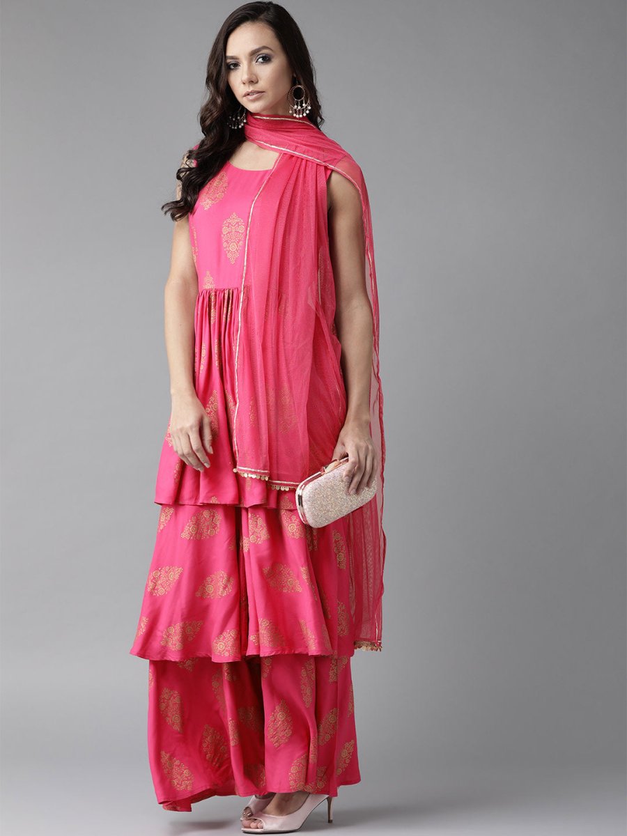 Ahalyaa Women Pink & Golden Foil Print Kurti with Sharara & Dupatta