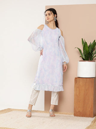 Ahalyaa Women Blue & White Floral Printed Cold-Shoulder Sleeves Gotta Patti Georgette Kurta - Distacart