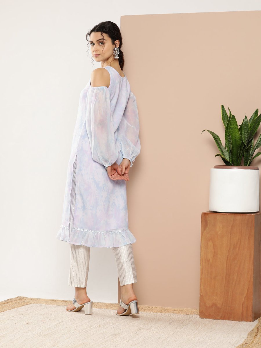 Ahalyaa Women Blue & White Floral Printed Cold-Shoulder Sleeves Gotta Patti Georgette Kurta - Distacart