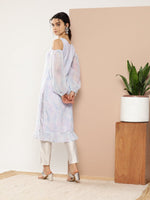 Thumbnail for Ahalyaa Women Blue & White Floral Printed Cold-Shoulder Sleeves Gotta Patti Georgette Kurta - Distacart