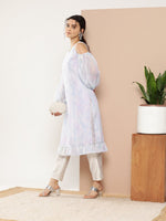 Thumbnail for Ahalyaa Women Blue & White Floral Printed Cold-Shoulder Sleeves Gotta Patti Georgette Kurta - Distacart