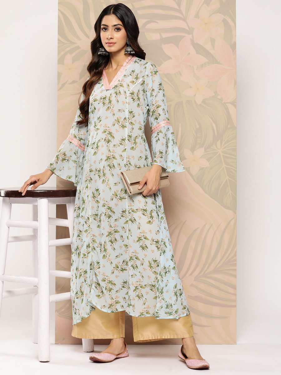 Ahalyaa Floral Printed Bell Sleeves Gotta Patti Georgette Kurta - Distacart
