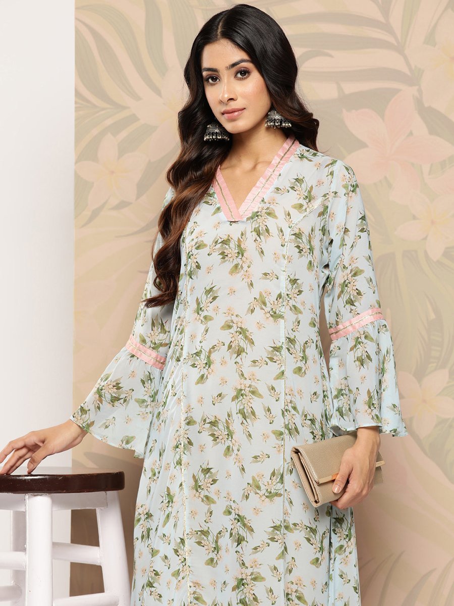 Ahalyaa Floral Printed Bell Sleeves Gotta Patti Georgette Kurta - Distacart