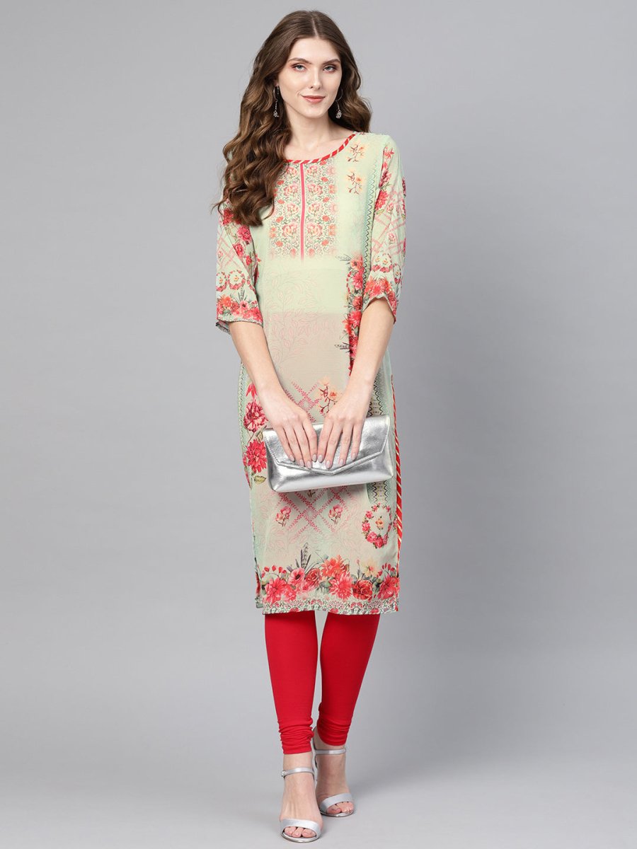 Ahalyaa Women Green & Coral Pink Floral Print Straight Kurta