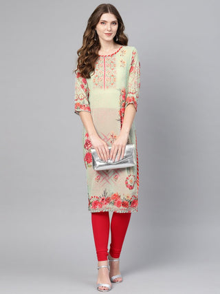 Ahalyaa Women Green & Coral Pink Floral Print Straight Kurta