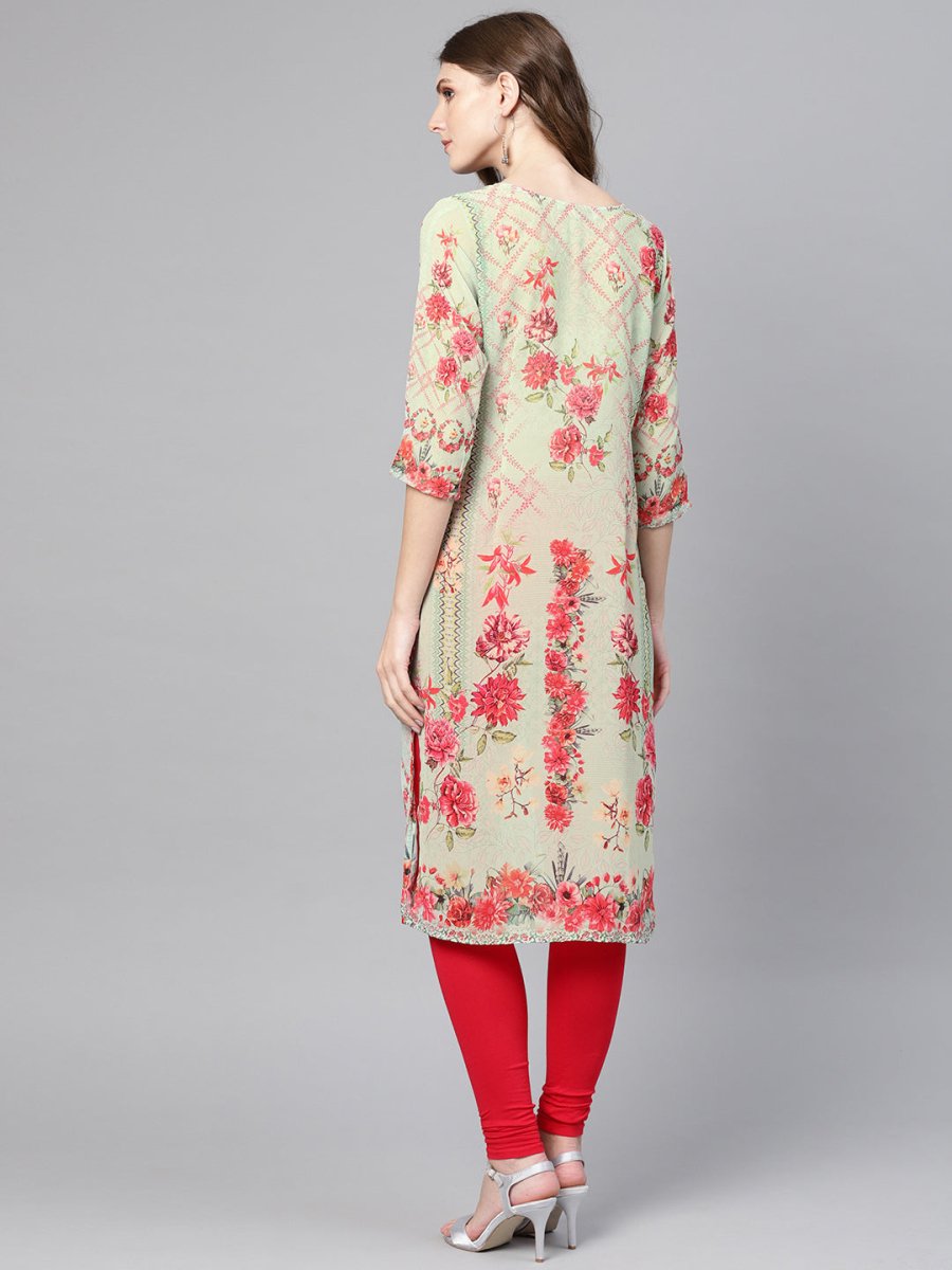 Ahalyaa Women Green & Coral Pink Floral Print Straight Kurta