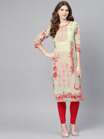 Thumbnail for Ahalyaa Women Green & Coral Pink Floral Print Straight Kurta