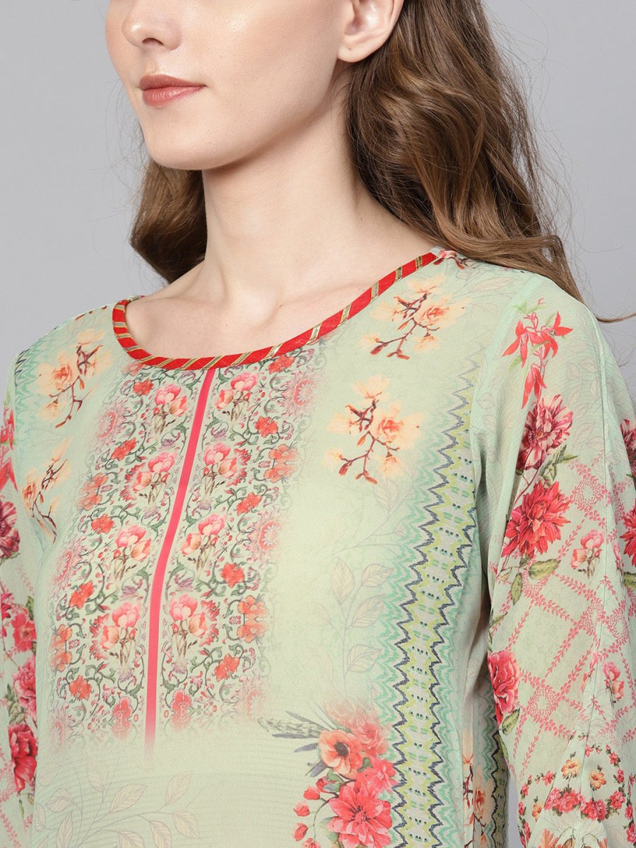 Ahalyaa Women Green & Coral Pink Floral Print Straight Kurta