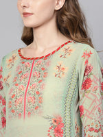 Thumbnail for Ahalyaa Women Green & Coral Pink Floral Print Straight Kurta