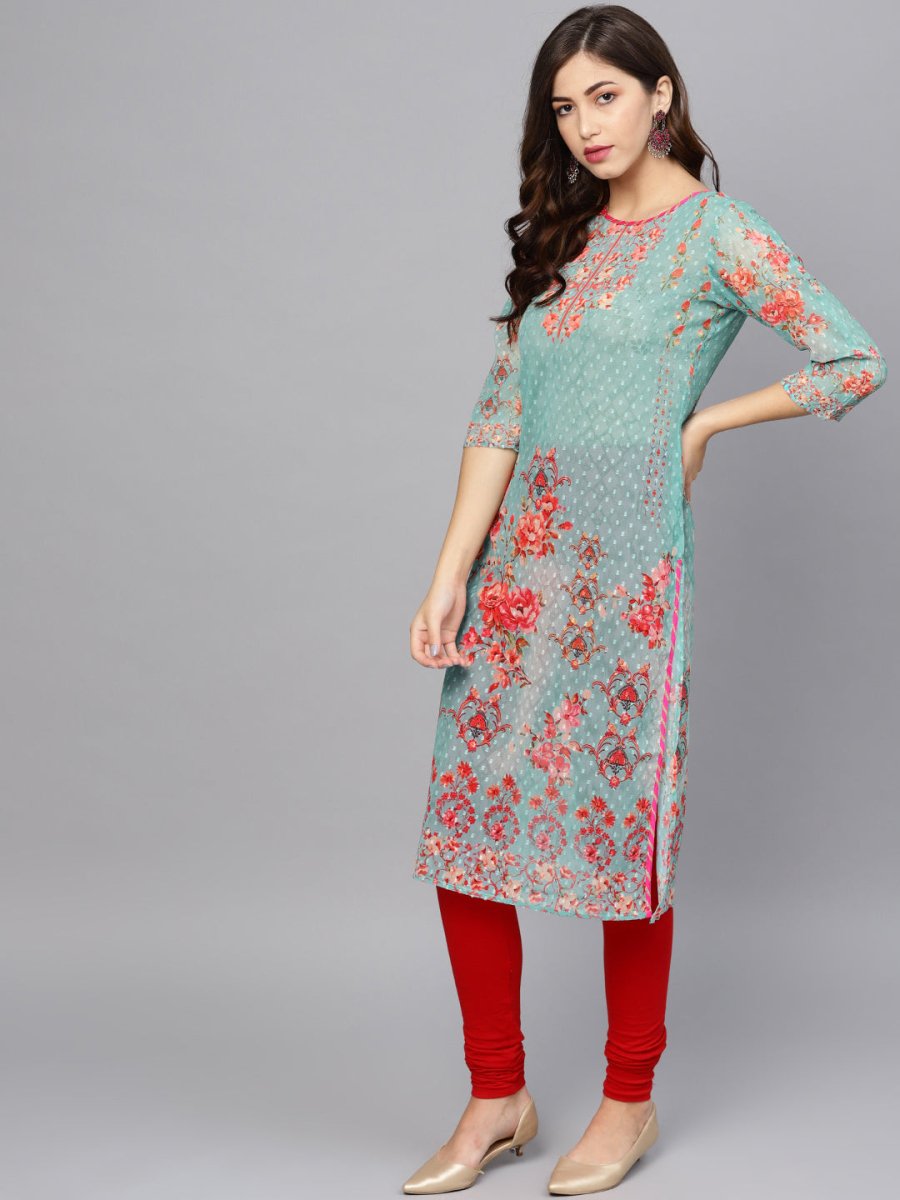 Ahalyaa Women Sea Green & Red Printed Straight Kurta - Distacart