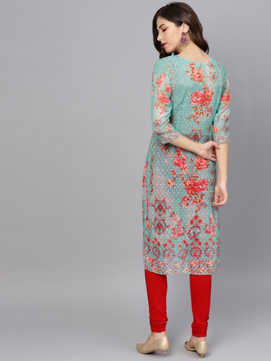 Ahalyaa Women Sea Green & Red Printed Straight Kurta - Distacart