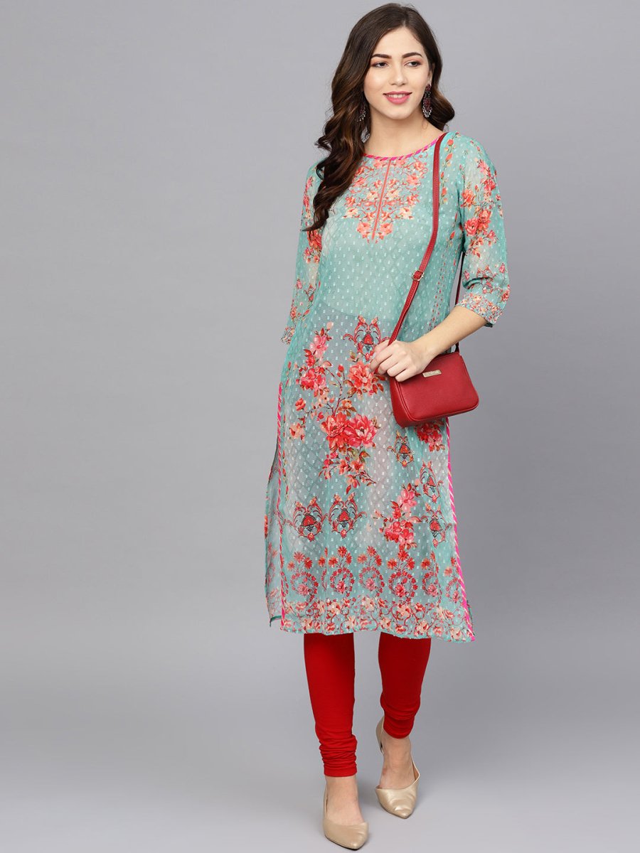 Ahalyaa Women Sea Green & Red Printed Straight Kurta - Distacart