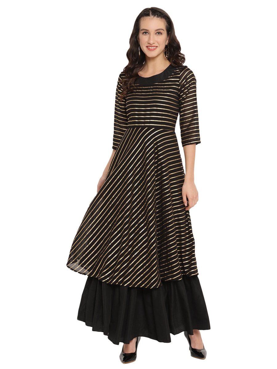 Ahalyaa Black & Golden Striped Layered Maxi Dress
