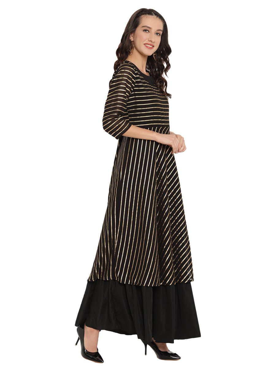 Ahalyaa Black & Golden Striped Layered Maxi Dress