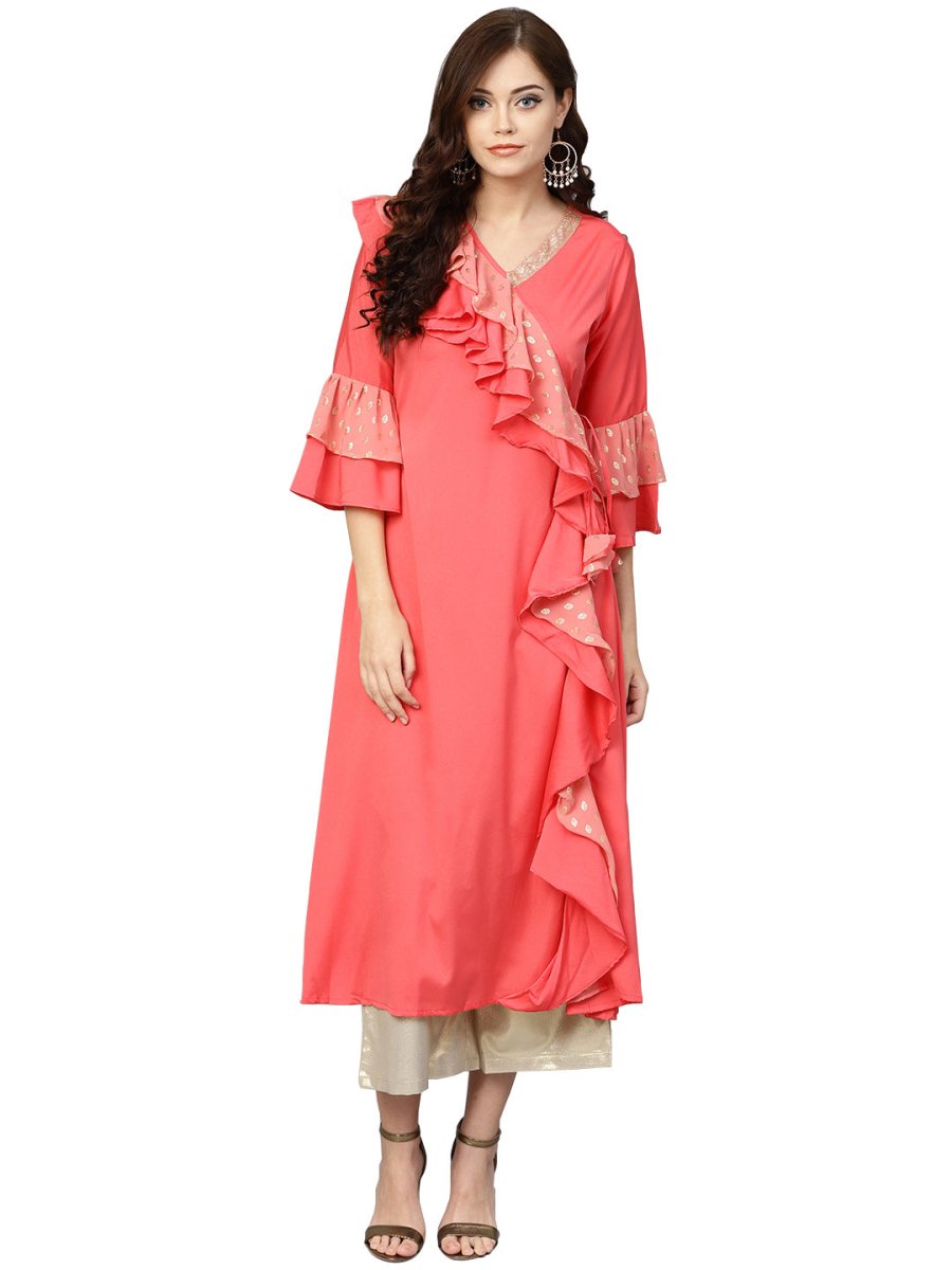 Ahalyaa Women Coral Pink Solid Ruffle Detail Angrakha Kurta