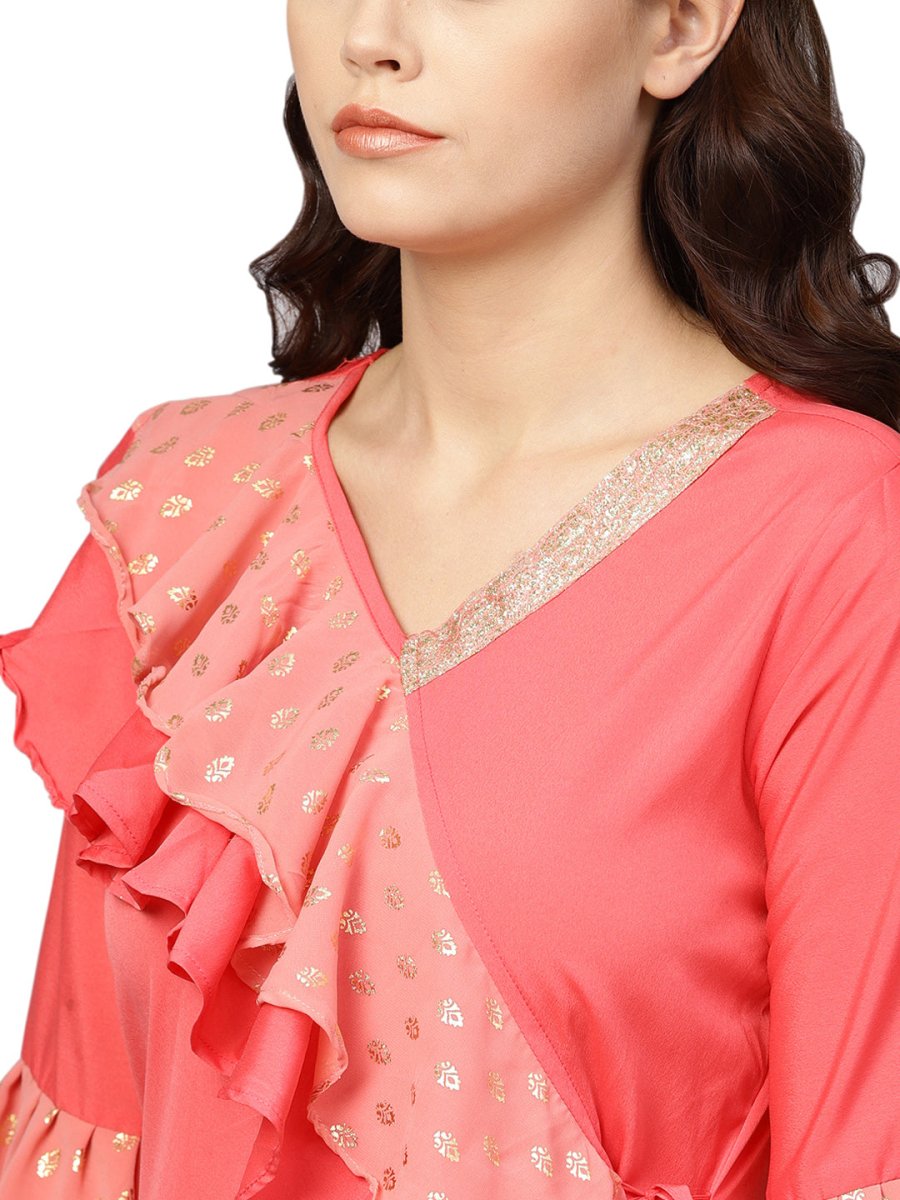 Ahalyaa Women Coral Pink Solid Ruffle Detail Angrakha Kurta