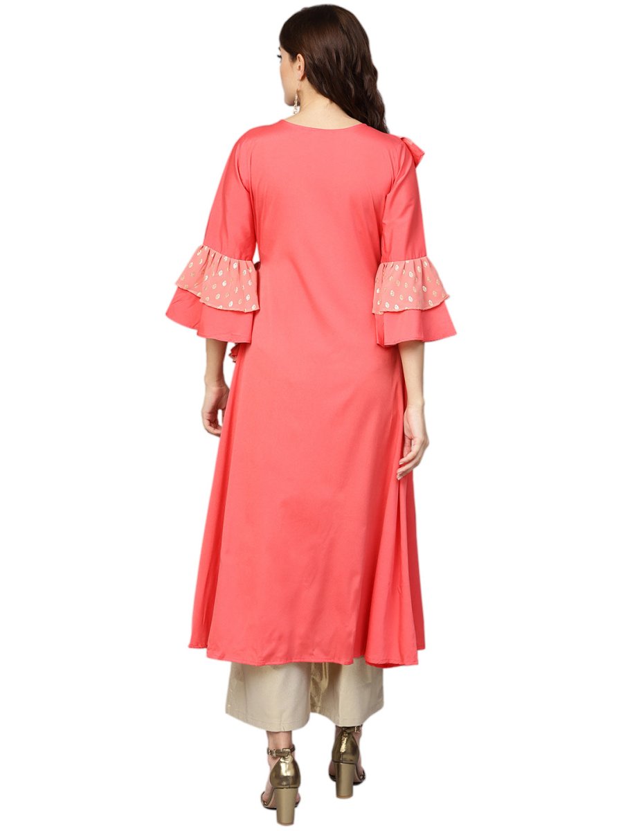 Ahalyaa Women Coral Pink Solid Ruffle Detail Angrakha Kurta