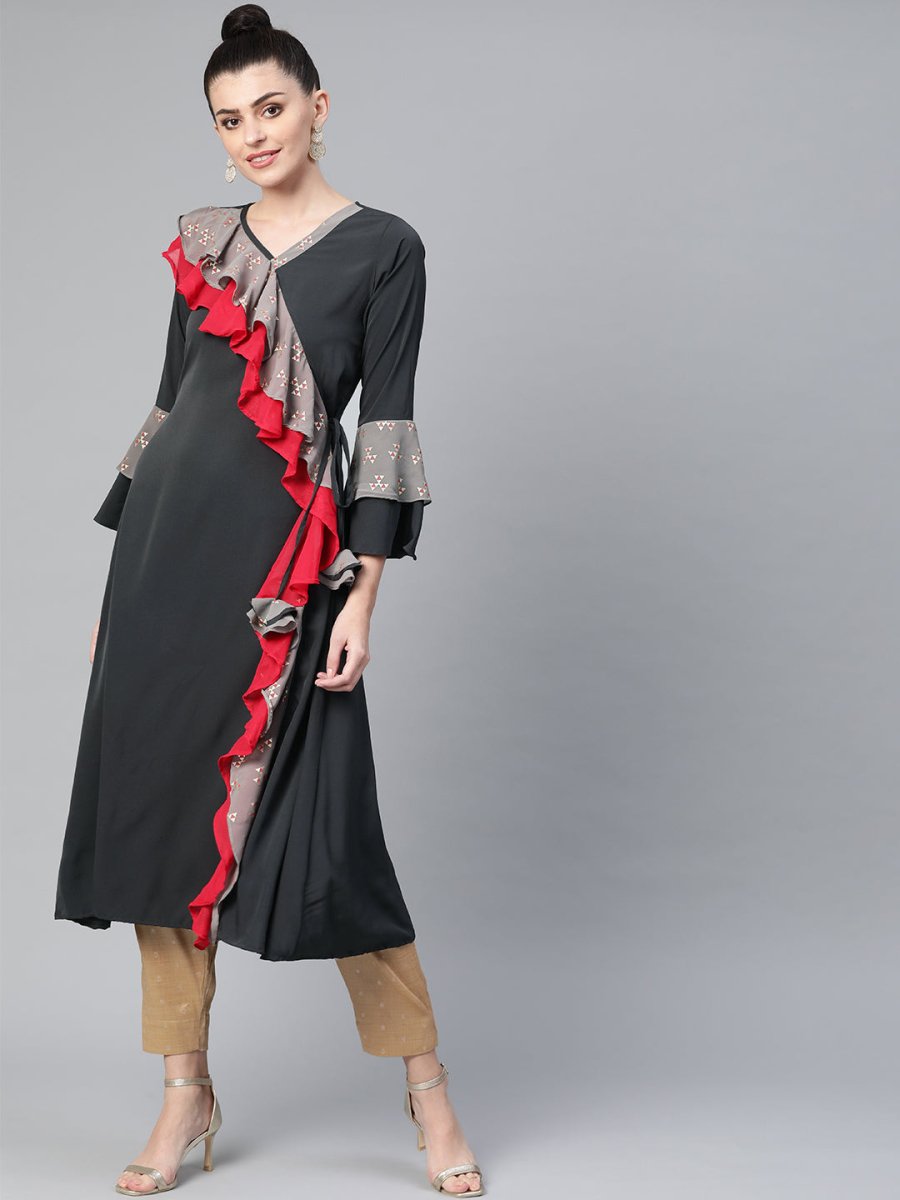 Ahalyaa Women Charcoal Grey Solid Ruffled Angrakha A-Line Kurta