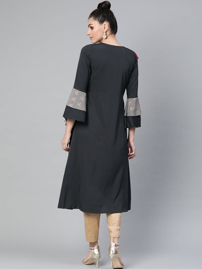 Ahalyaa Women Charcoal Grey Solid Ruffled Angrakha A-Line Kurta