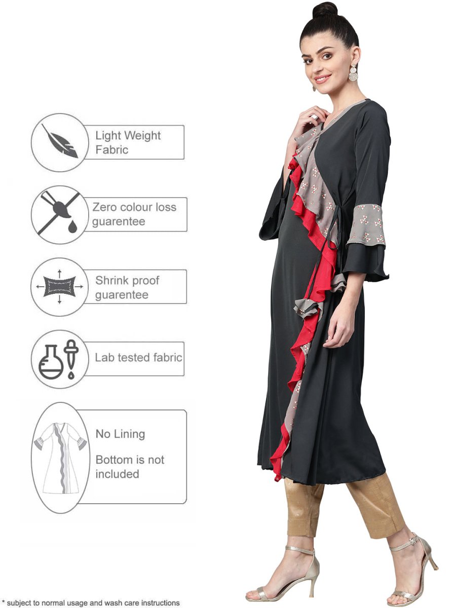 Ahalyaa Women Charcoal Grey Solid Ruffled Angrakha A-Line Kurta