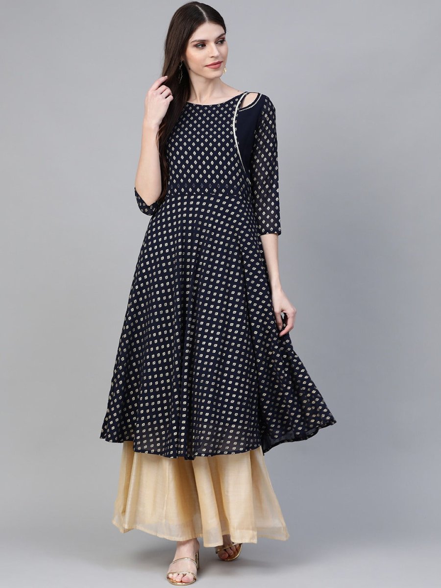 Ahalyaa Women Navy-Blue Printed Straight Kurta