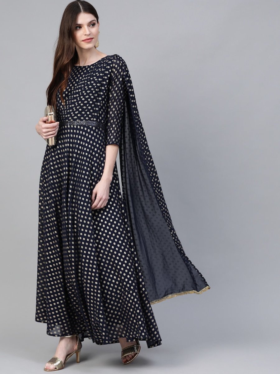 Ahalyaa Women Navy Blue & Golden Foil Printed Maxi Dress With Attached Dupatta