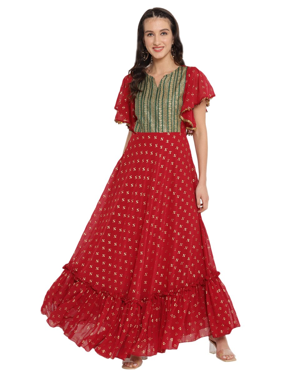 Ahalyaa Maroon & Golden Printed Fit and Flare Maxi Dress