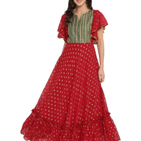 Ahalyaa Maroon & Golden Printed Fit and Flare Maxi Dress