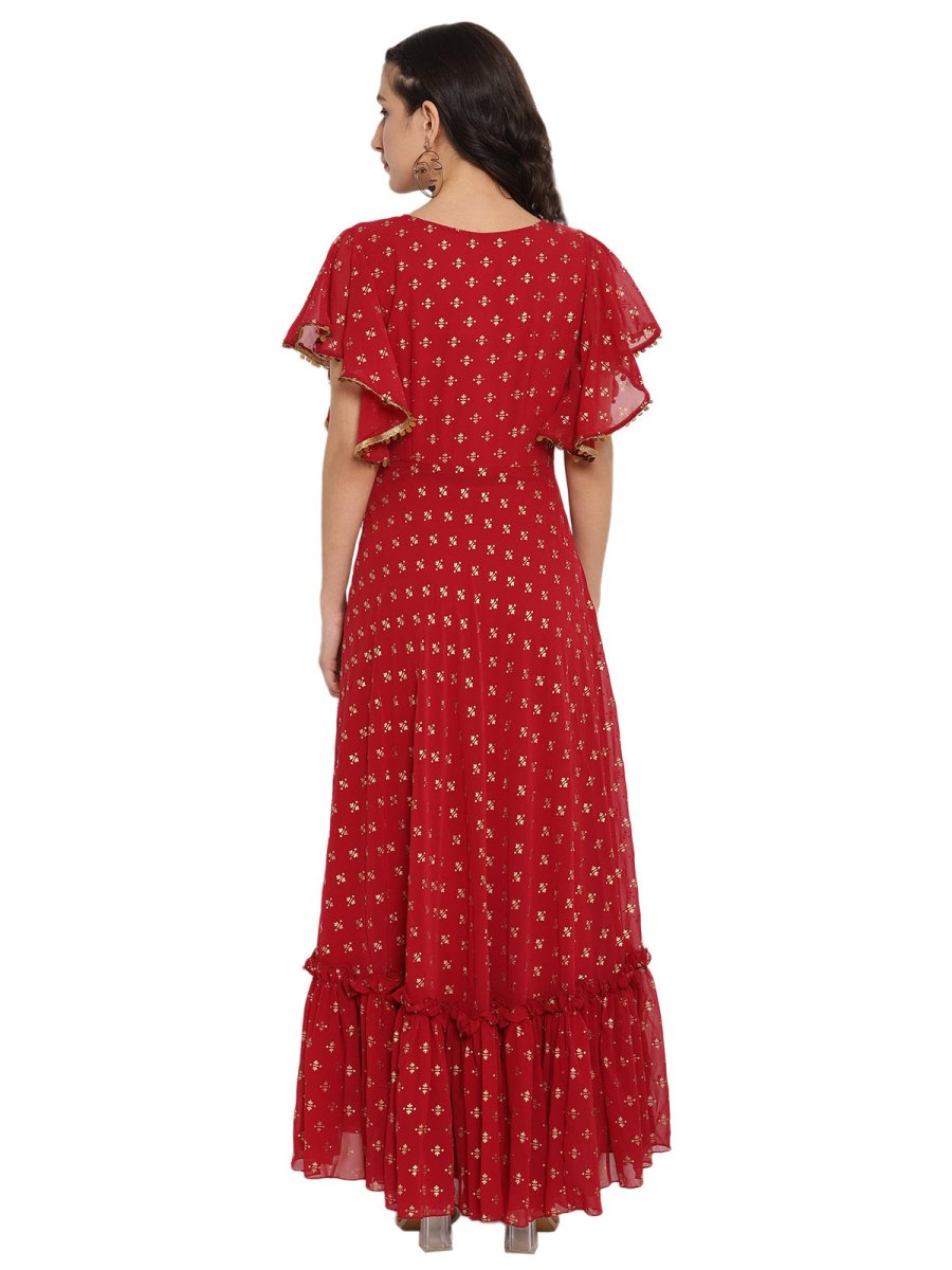 Ahalyaa Maroon & Golden Printed Fit and Flare Maxi Dress