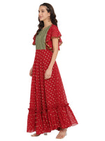 Thumbnail for Ahalyaa Maroon & Golden Printed Fit and Flare Maxi Dress