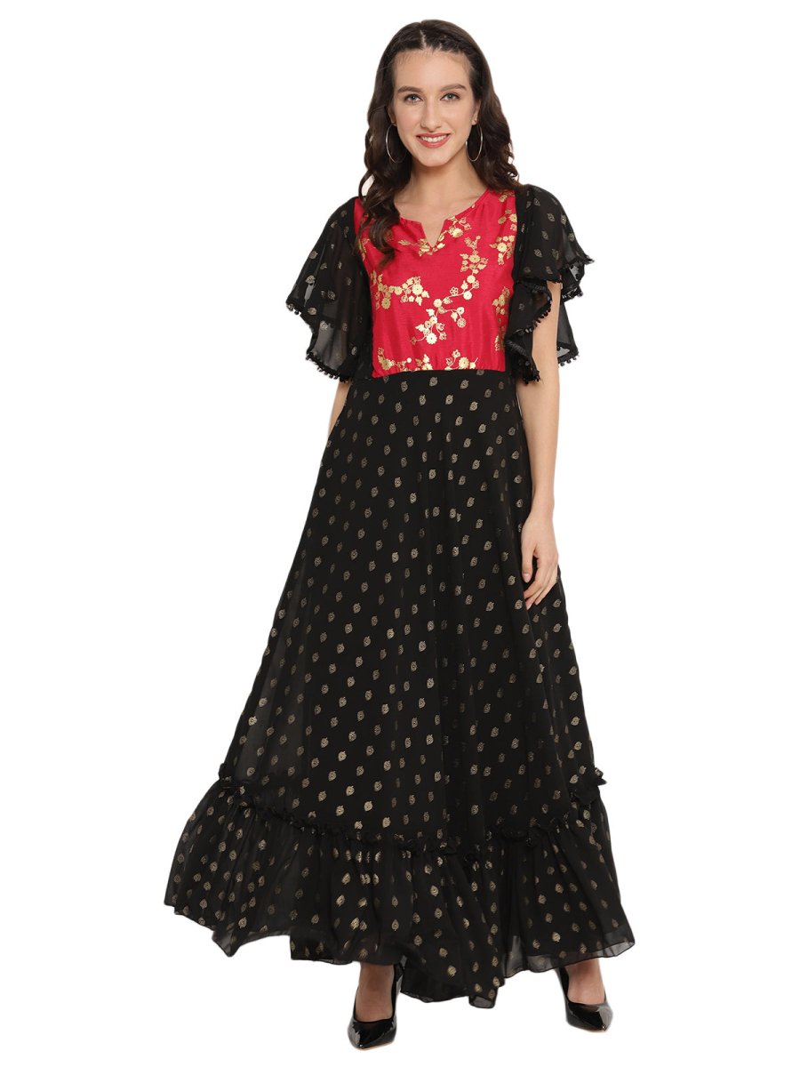 Ahalyaa Black & Red Flared Ethnic Maxi Dress