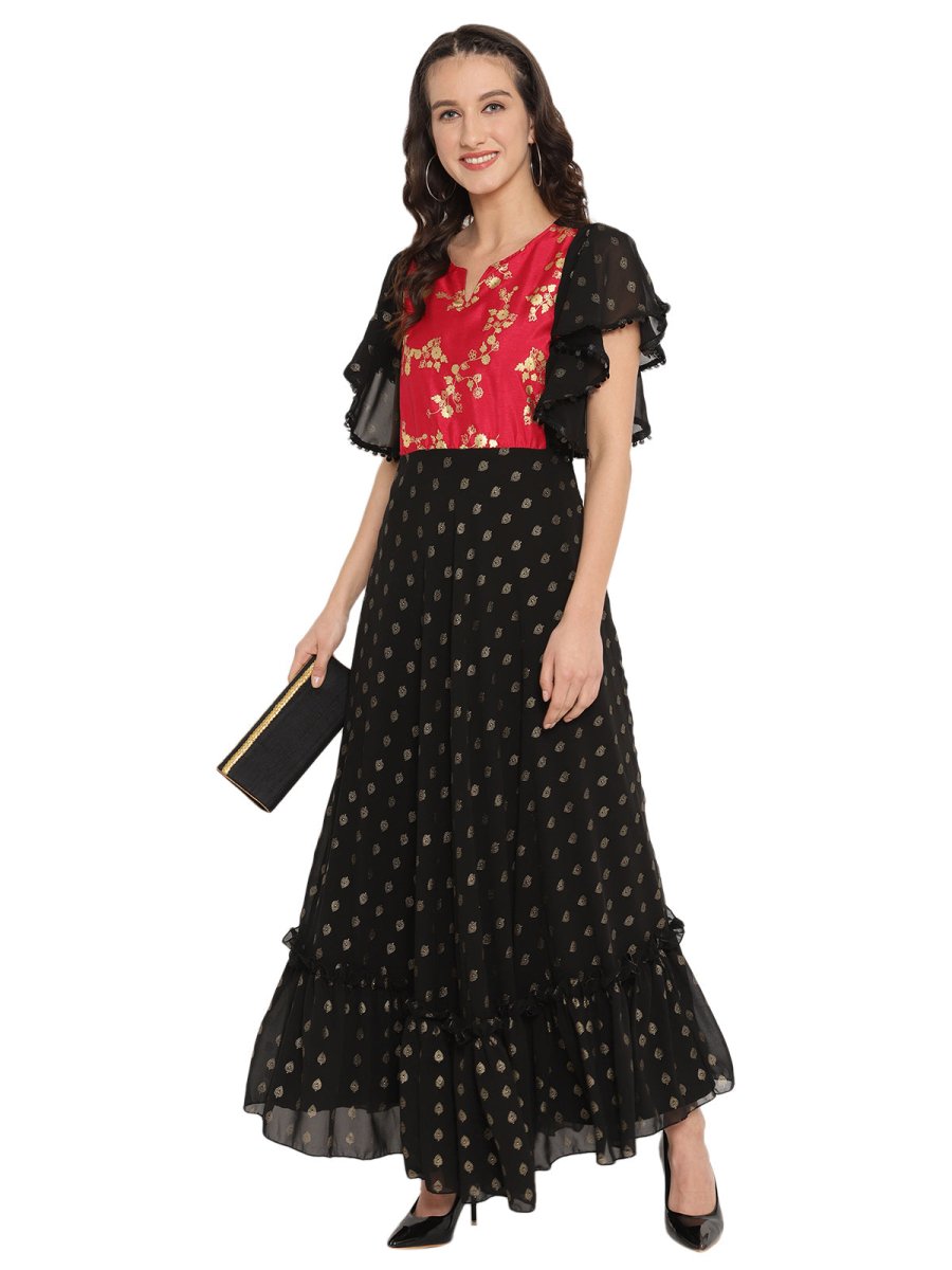 Ahalyaa Black & Red Flared Ethnic Maxi Dress