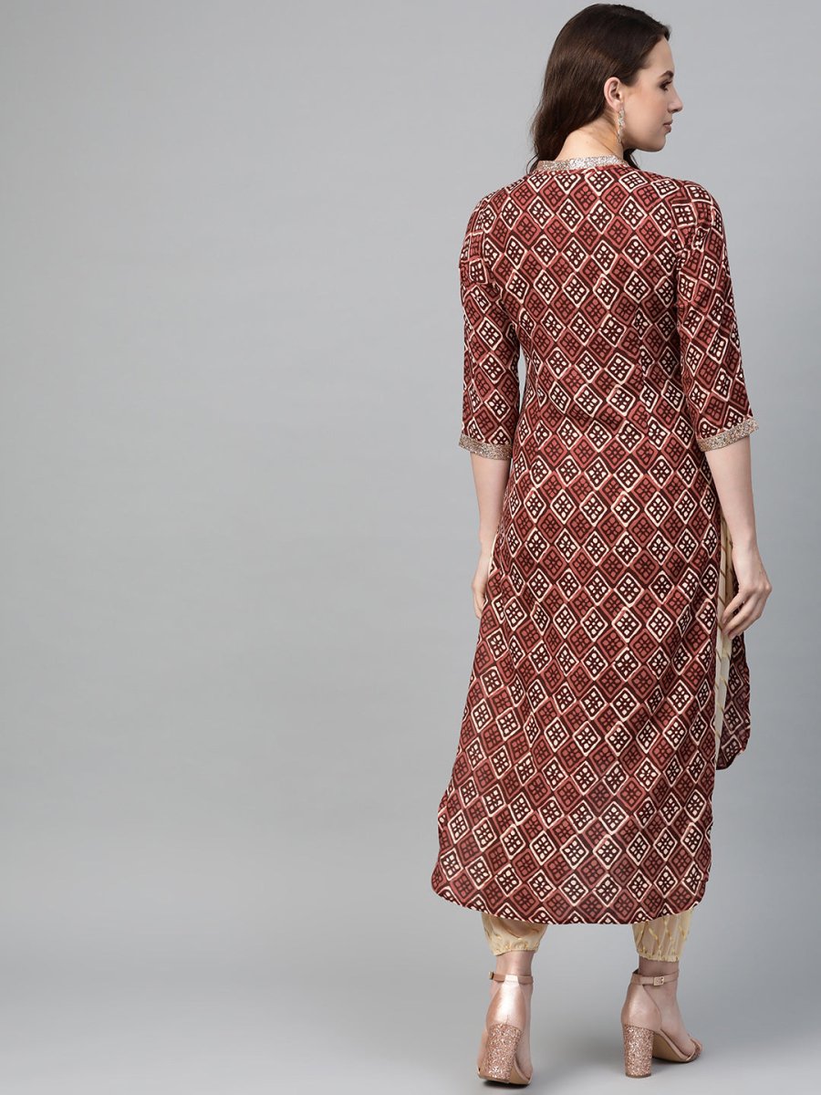 Ahalyaa Women Maroon & Cream-Coloured Printed Straight Kurta with Salwar