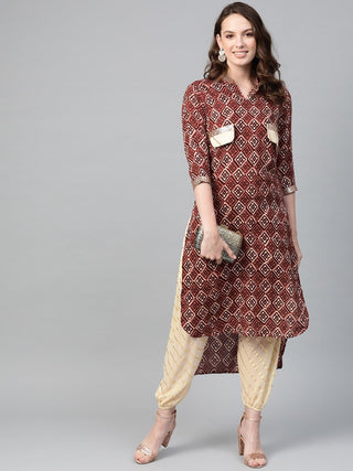 Ahalyaa Women Maroon & Cream-Coloured Printed Straight Kurta with Salwar