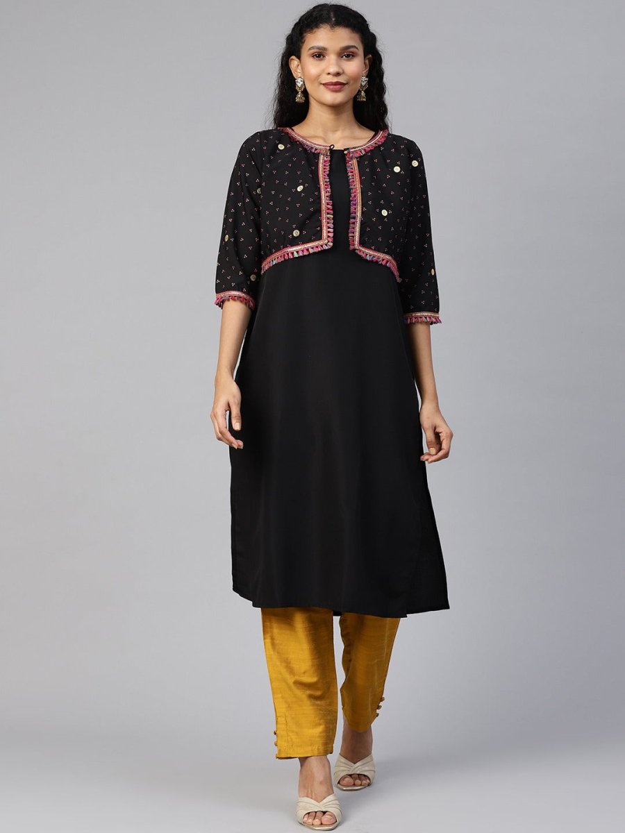 Ahalyaa Women Black & Pink Solid A-Line Kurta with Jacket - Distacart
