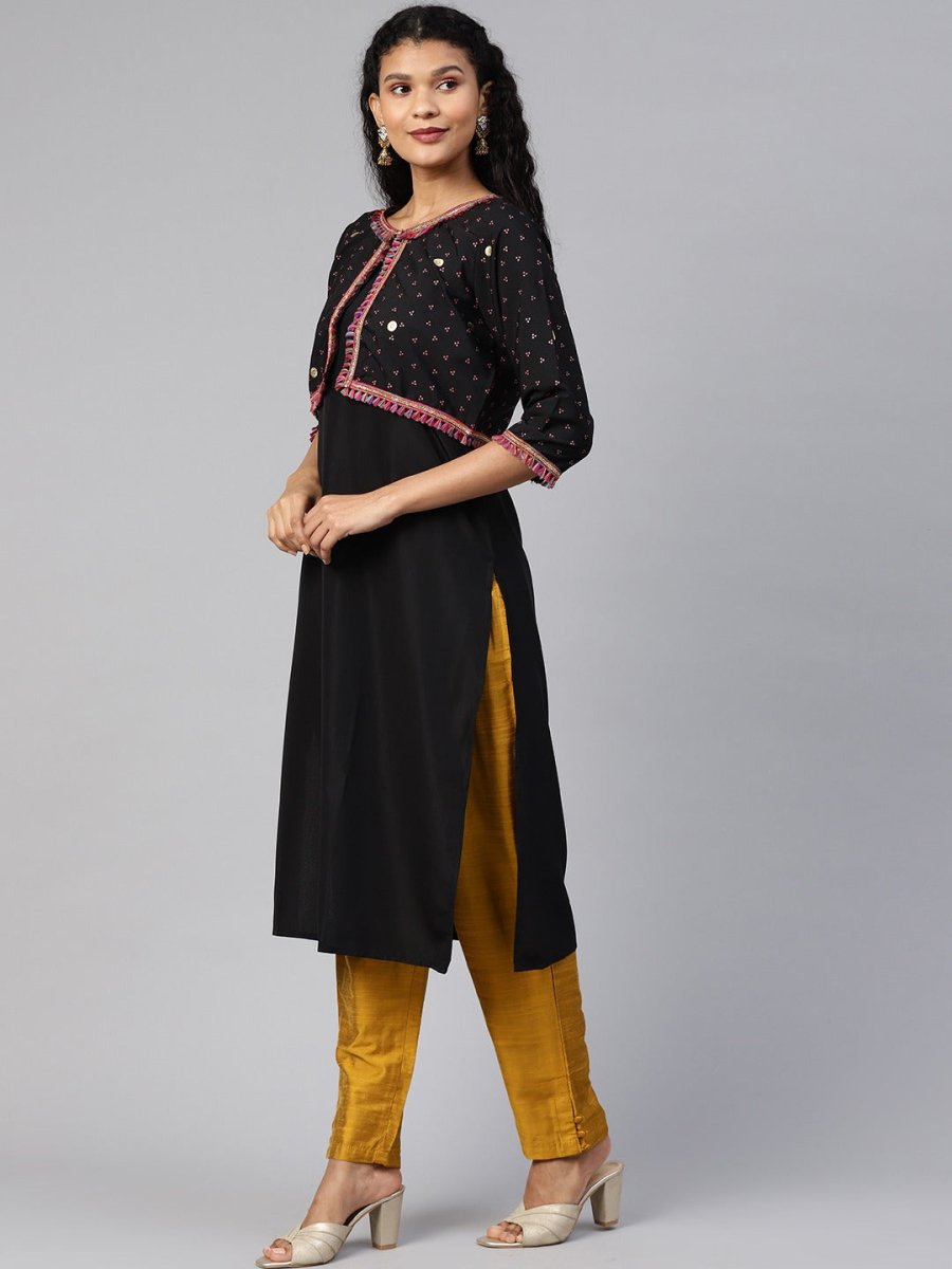Ahalyaa Women Black & Pink Solid A-Line Kurta with Jacket - Distacart