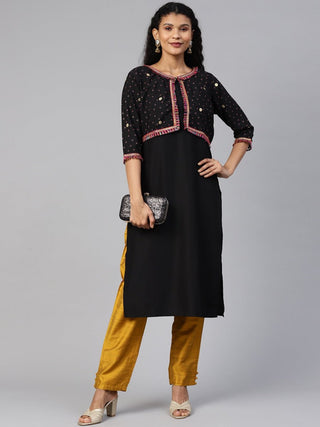 Ahalyaa Women Black & Pink Solid A-Line Kurta with Jacket - Distacart