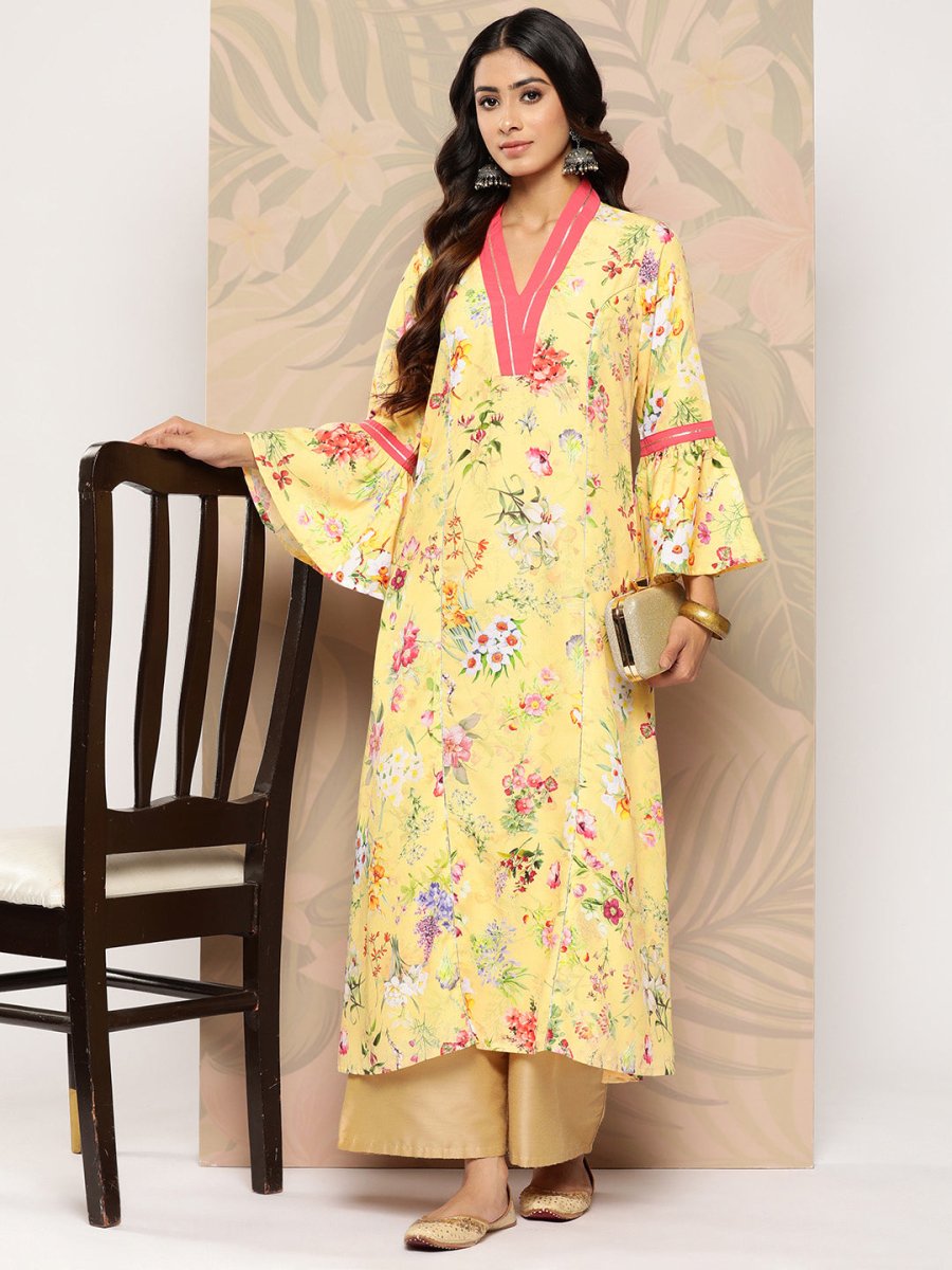 Ahalyaa Floral Printed Bell Sleeves Gotta Patti Crepe Kurta - Distacart